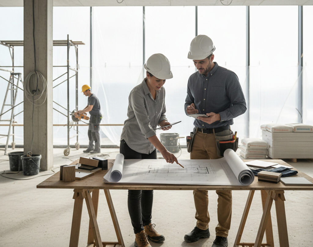 Architetti esaminano planimetrie e campioni di materiali nel cantiere