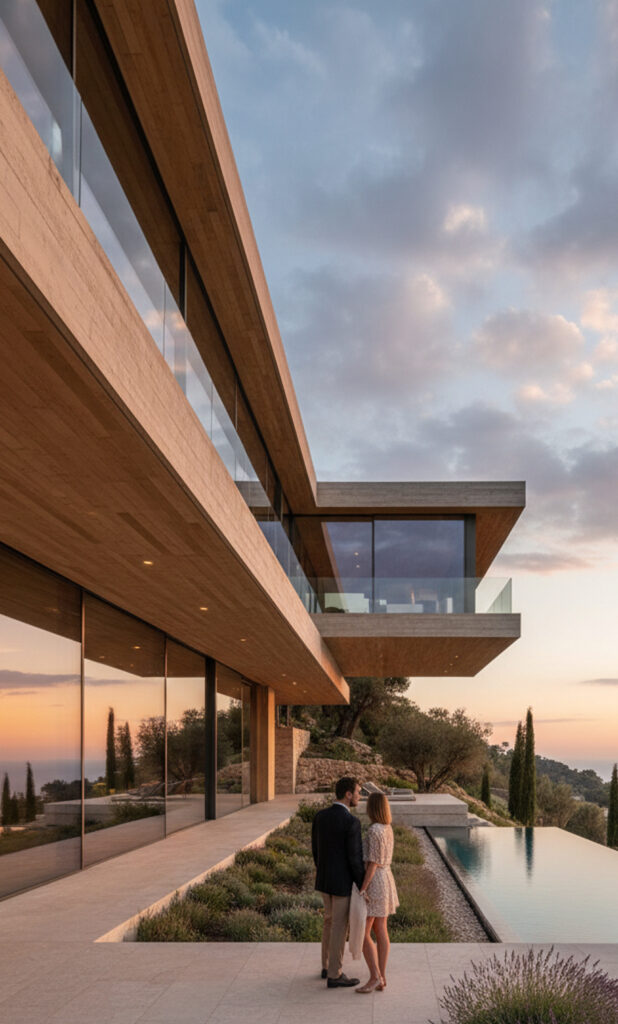 Villa contemporanea con grandi vetrate, terrazze e piscina al tramonto