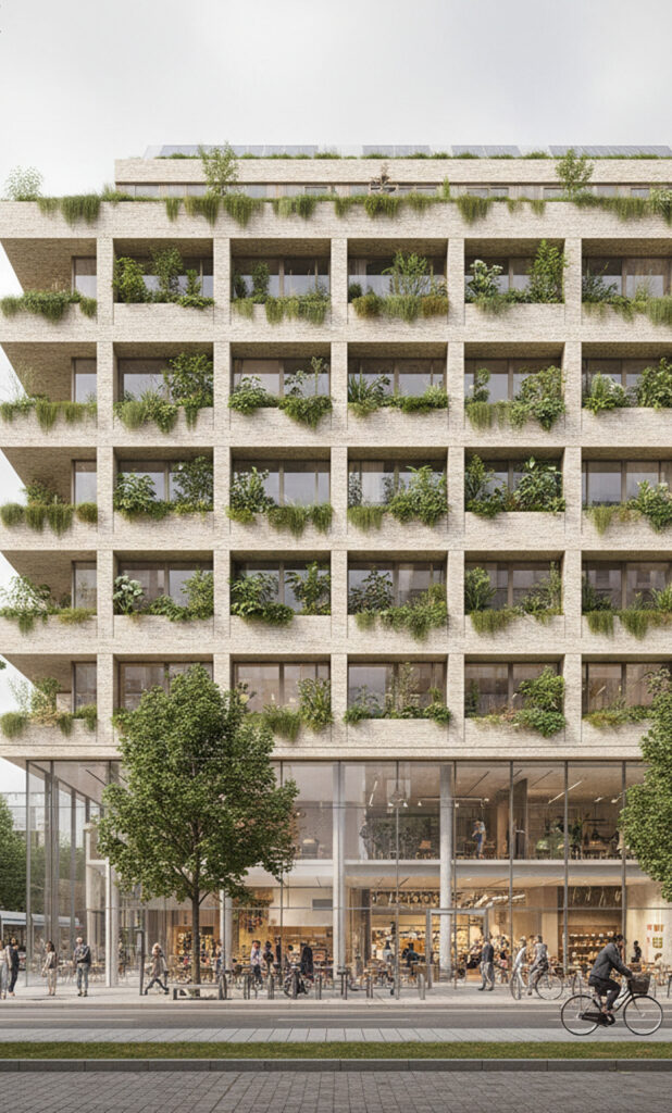Edificio multipiano con facciata modulare, terrazze verdi e piano terra vetrato