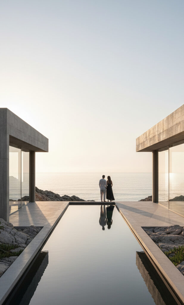 Architettura minimalista sul mare con padiglioni vetrati e piscina lineare