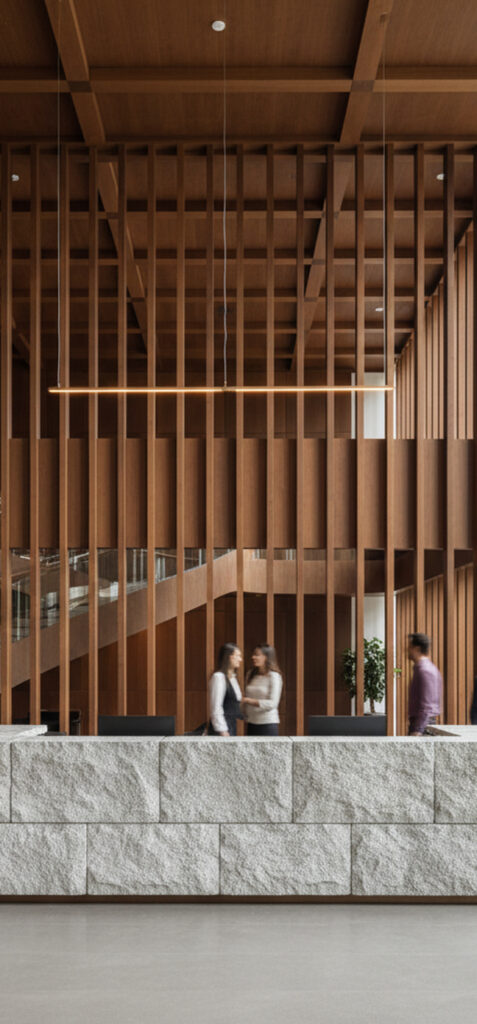 Rendering di una reception aziendale con bancone in pietra, pareti a listelli e soffitto in legno