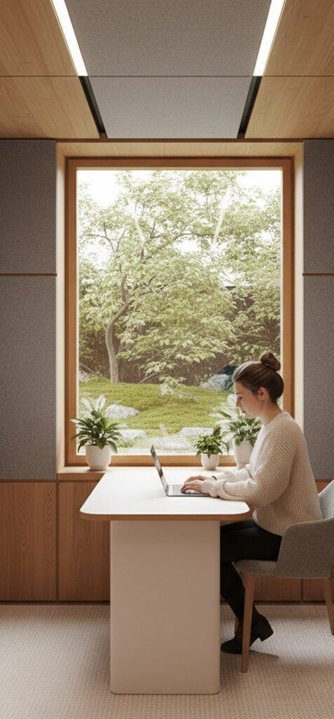 Rendering di una postazione individuale per il lavoro concentrato affacciata sul verde