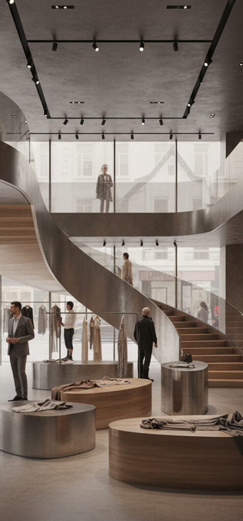 Rendering di una boutique di moda con scala scultorea e spazi espositivi su più livelli