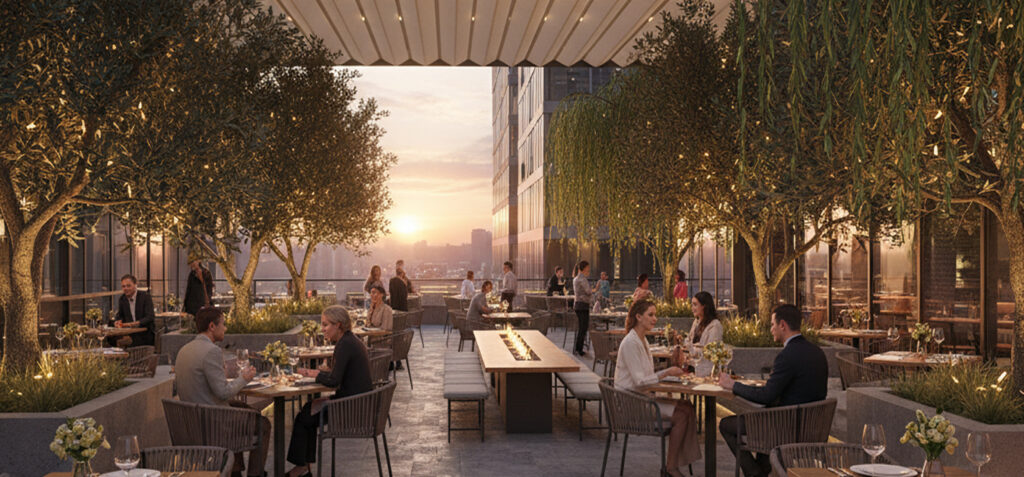 Rendering di un ristorante in terrazza con ulivi, pergolato e panorama urbano