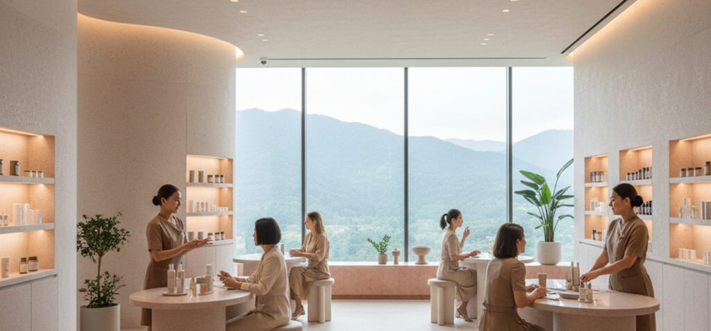 Rendering di uno spazio beauty con postazioni di consulenza e vetrata sul paesaggio
