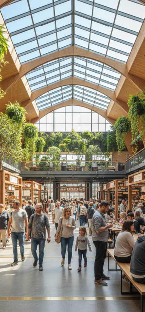 Rendering di un mercato coperto con struttura in legno, vegetazione e area ristoro