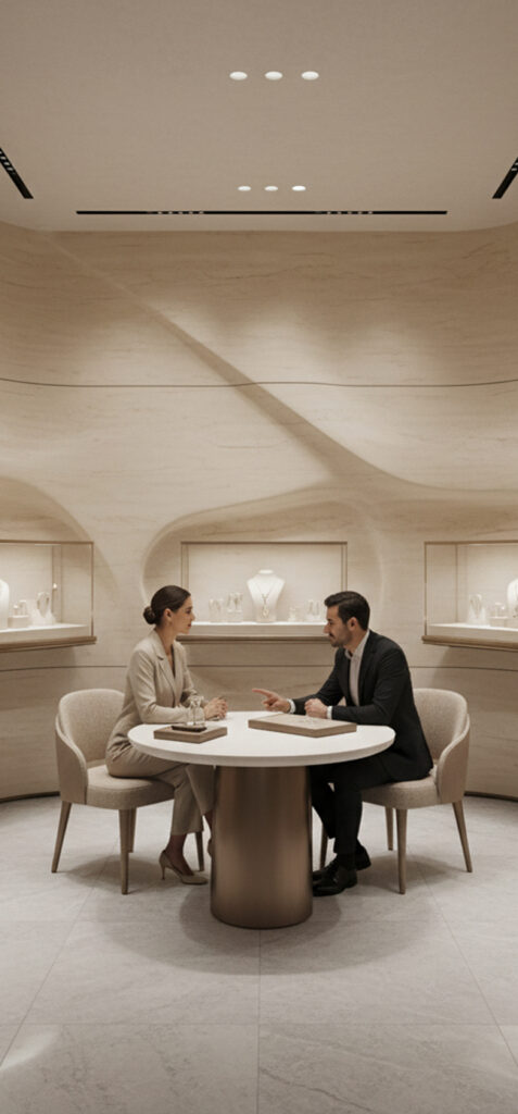Rendering di una boutique di gioielleria con vetrine illuminate e tavolo per la consulenza