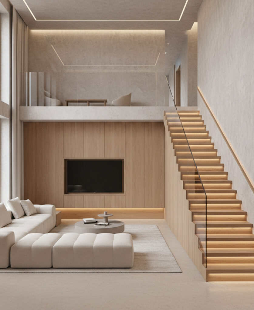 Soggiorno a doppia altezza con scala illuminata e parete in legno