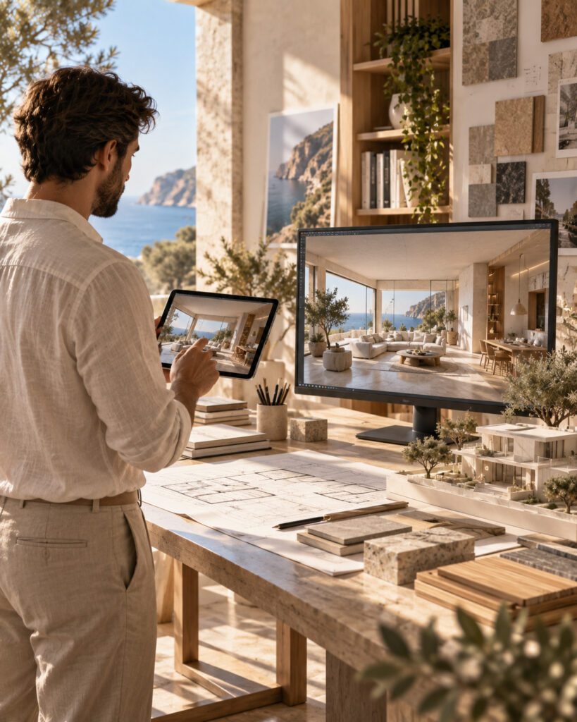 Architetto che osserva il render di un soggiorno su tablet e monitor