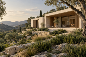 Casa contemporanea in pietra e legno con grandi vetrate, portico ombreggiato e ulivi nel paesaggio mediterraneo