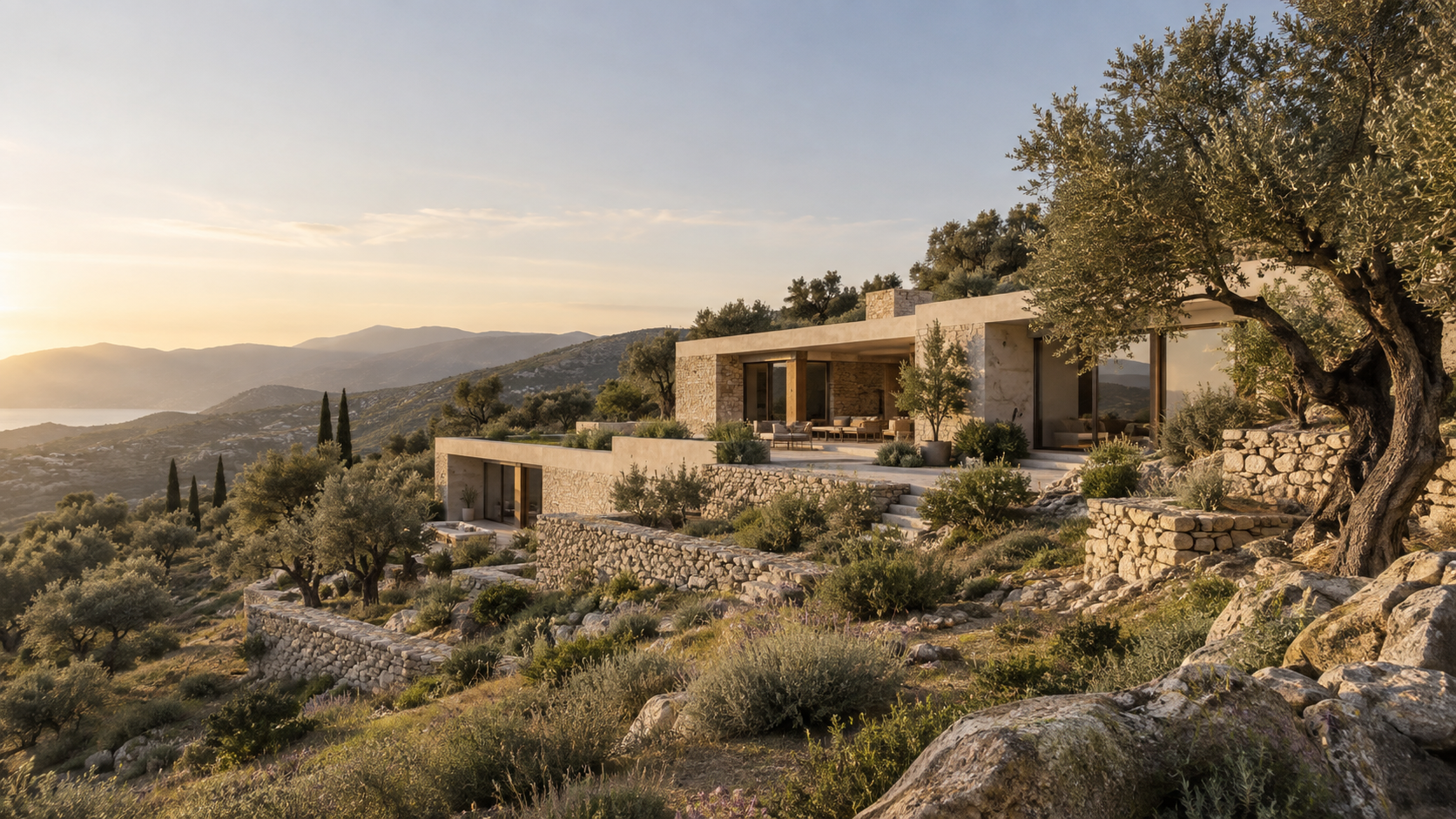 Edificio contemporaneo in pietra e intonaco su un pendio terrazzato, tra ulivi e vegetazione mediterranea nella luce del tramonto.
